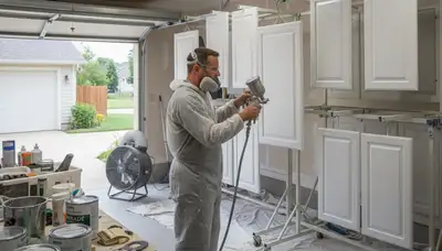 Professional cabinet painting in Evansville IN showing smooth spray finish for kitchen update