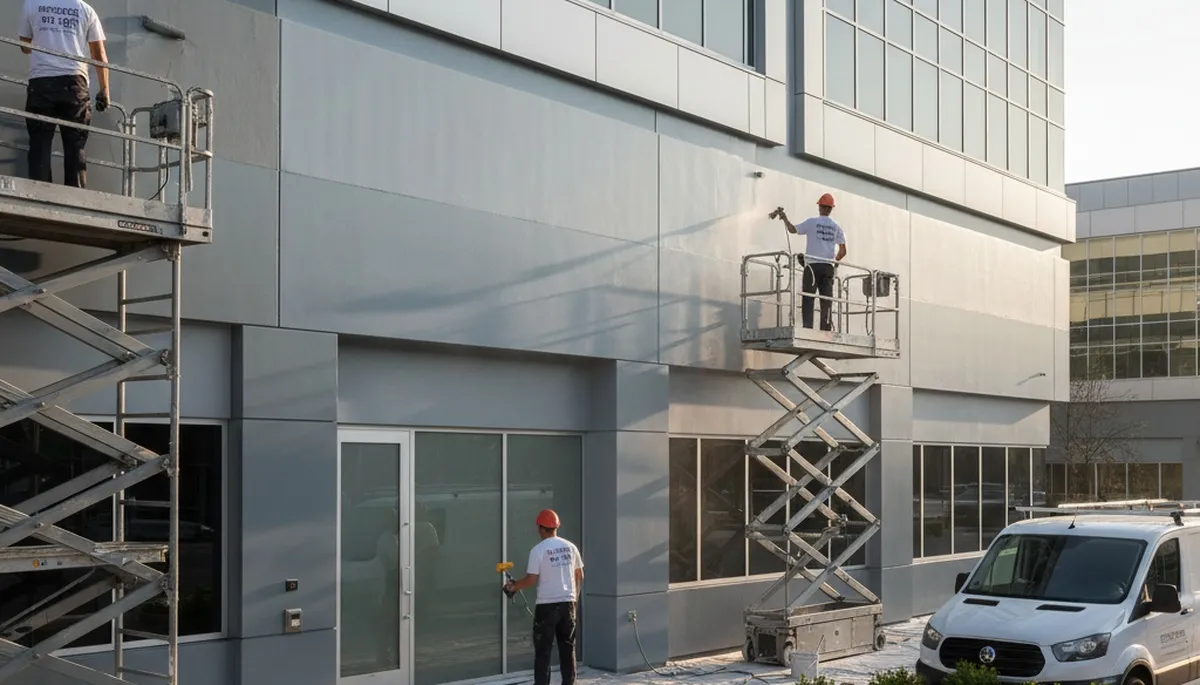 Professional commercial painters in Evansville IN applying durable exterior coatings for local businesses