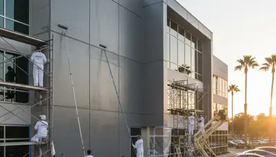 Professional commercial painters in Evansville, IN applying exterior paint to a local business building