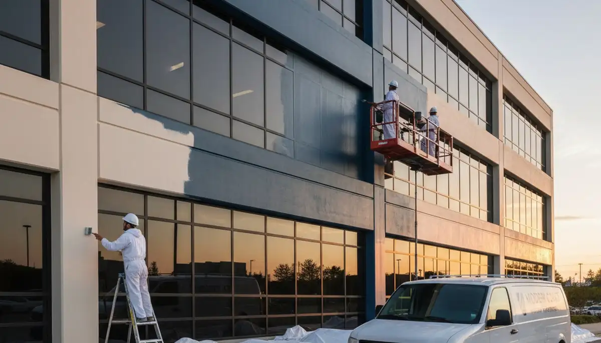 Professional commercial painters finishing exterior business building in Evansville, IN