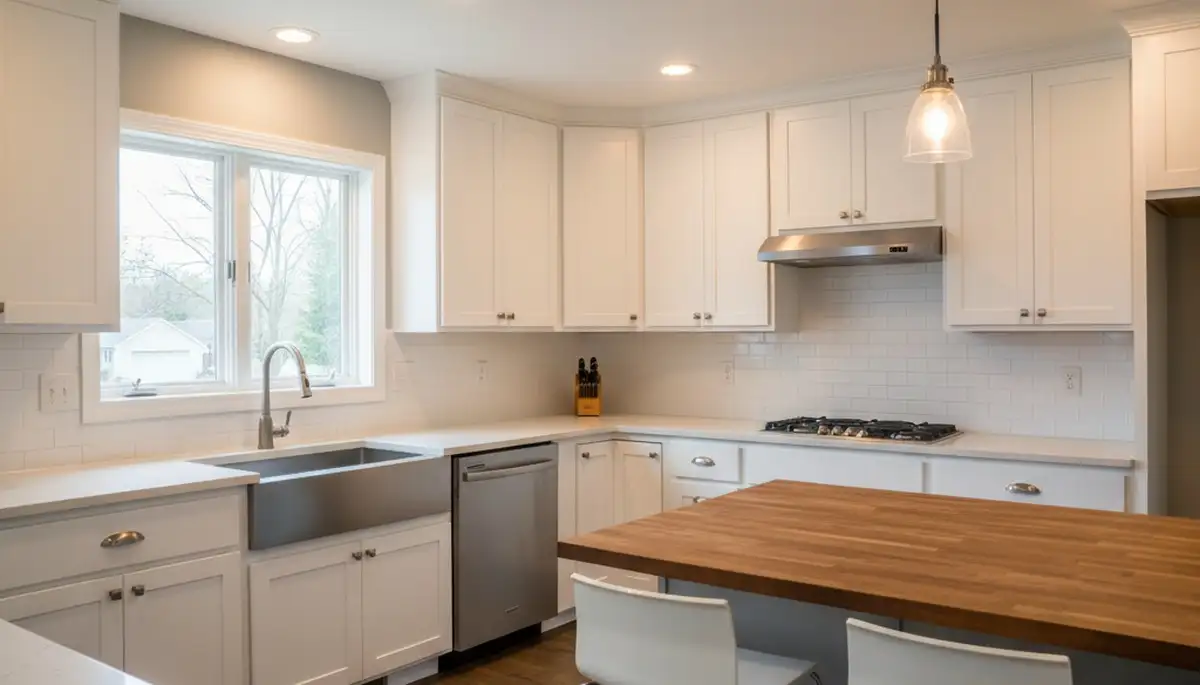 Refinished kitchen cabinets with smooth durable finish by professional painters in Evansville, IN