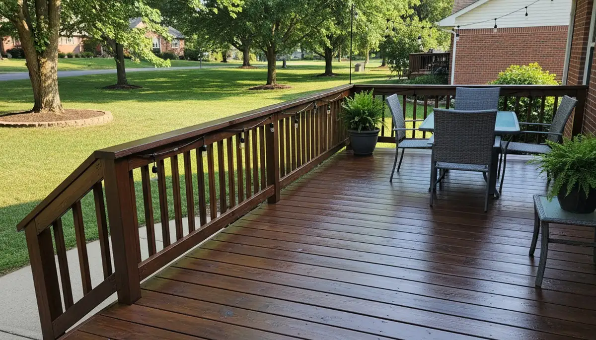 Finished deck staining in Evansville IN showing rich wood color and weather-protected outdoor finish