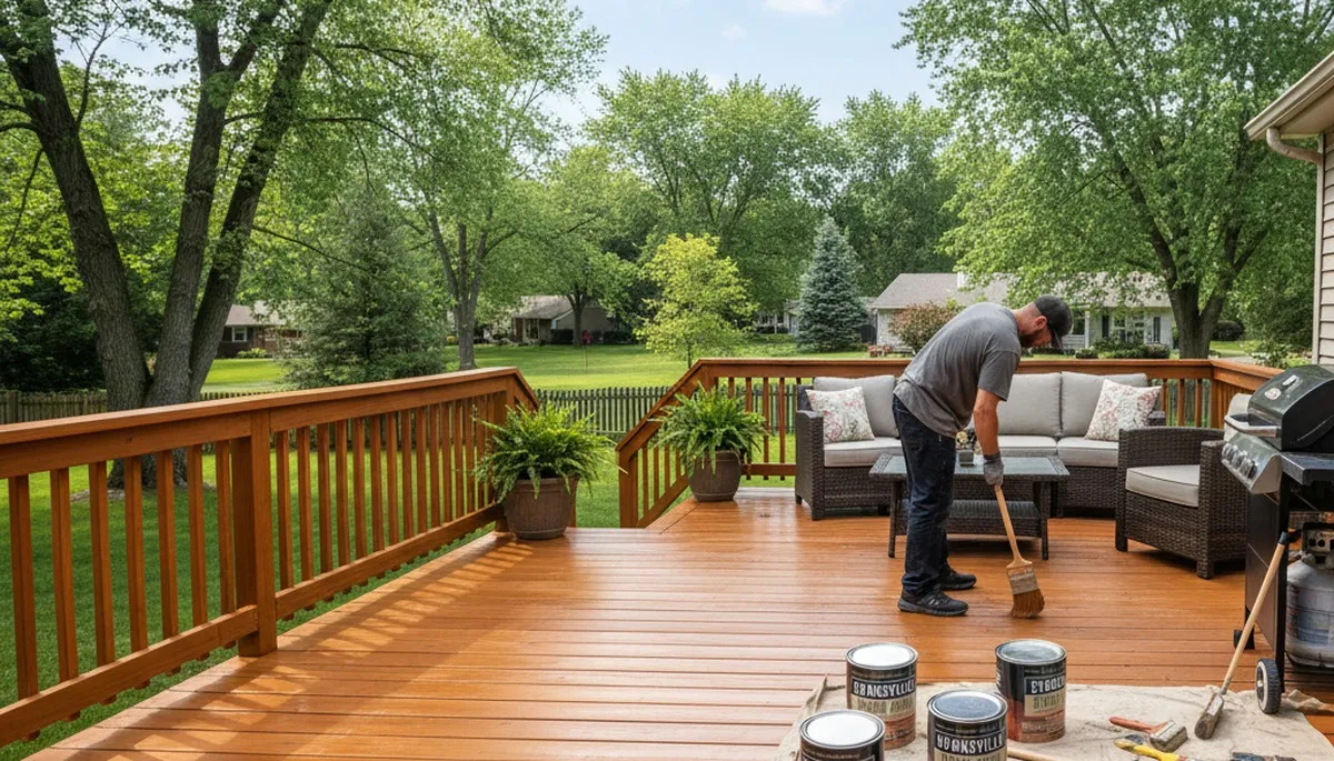 Professional deck staining in Evansville IN enhancing wood color and UV protection for outdoor decks