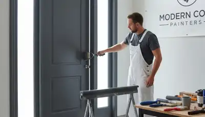 Professional painter refinishing front door in Evansville, IN for expert residential painting services