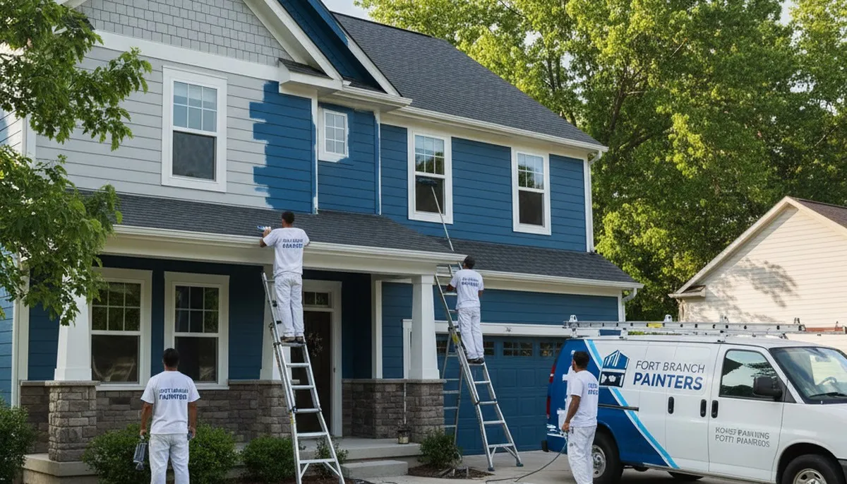 Professional house painters working on residential exterior in Evansville IN