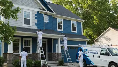 Professional house painters working on residential exterior in Evansville IN