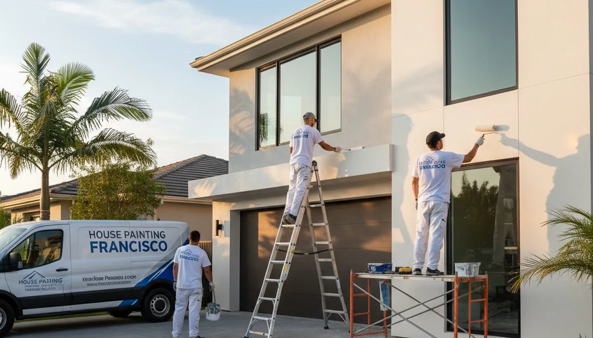 Professional house painters in Evansville IN applying exterior paint to a residential home