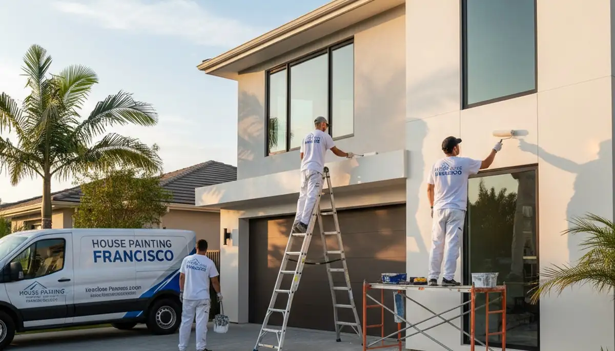Professional house painters in Evansville IN applying exterior paint to a residential home