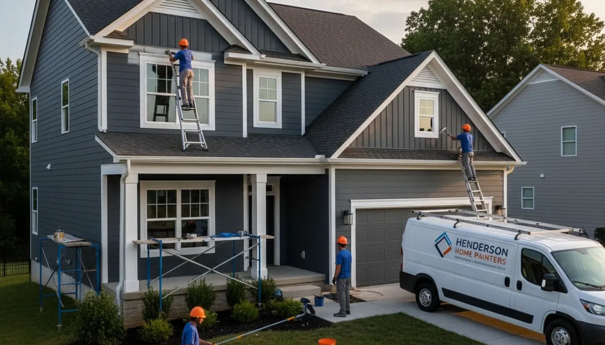 Professional house painters working on exterior home in Evansville IN