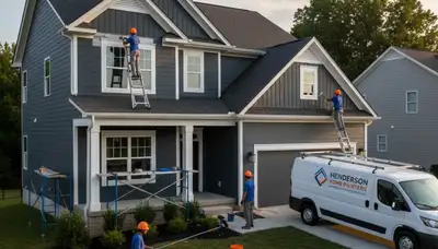 Professional house painters working on exterior home in Evansville IN