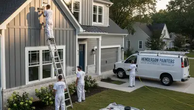 Professional house painters in Evansville IN applying exterior paint to residential home siding