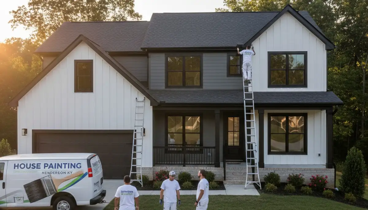 Professional house painters working on residential exterior in Evansville, IN
