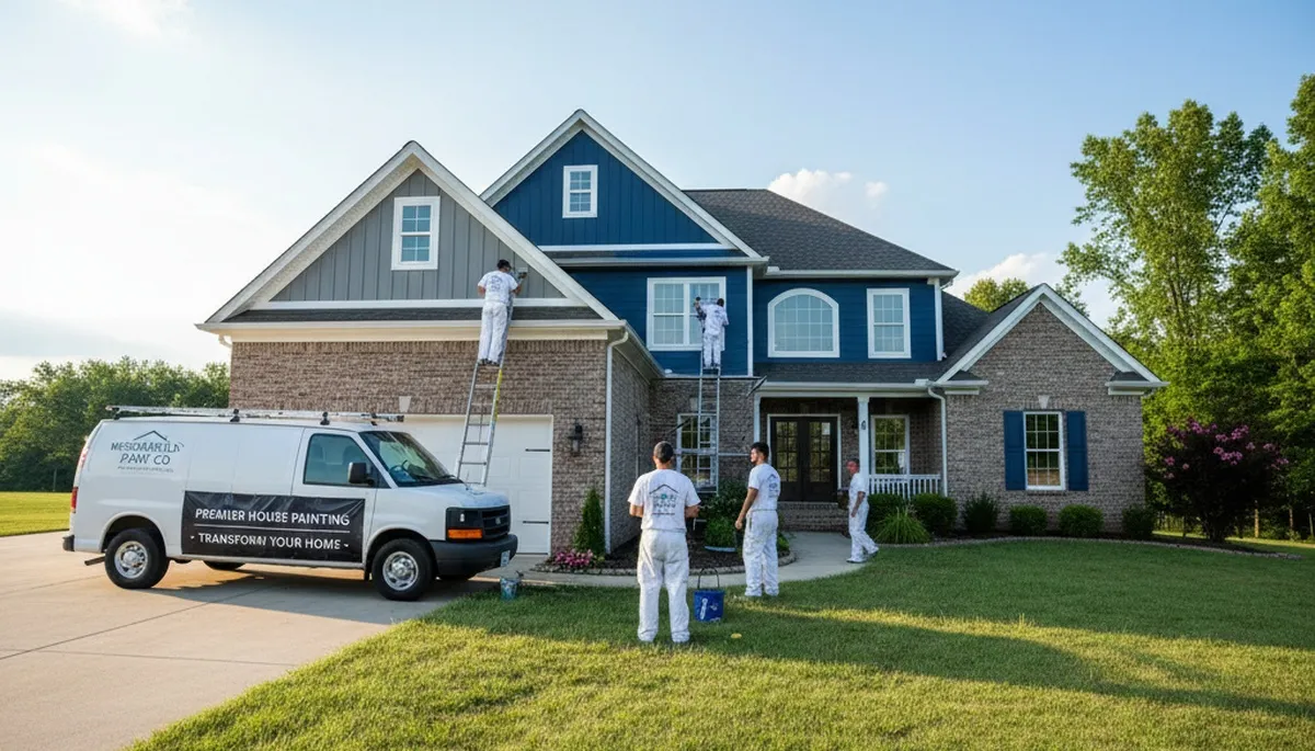 Professional house painters working on residential exterior in Evansville, IN