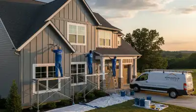 Professional house painters in Evansville IN painting exterior home siding with long‑lasting finish