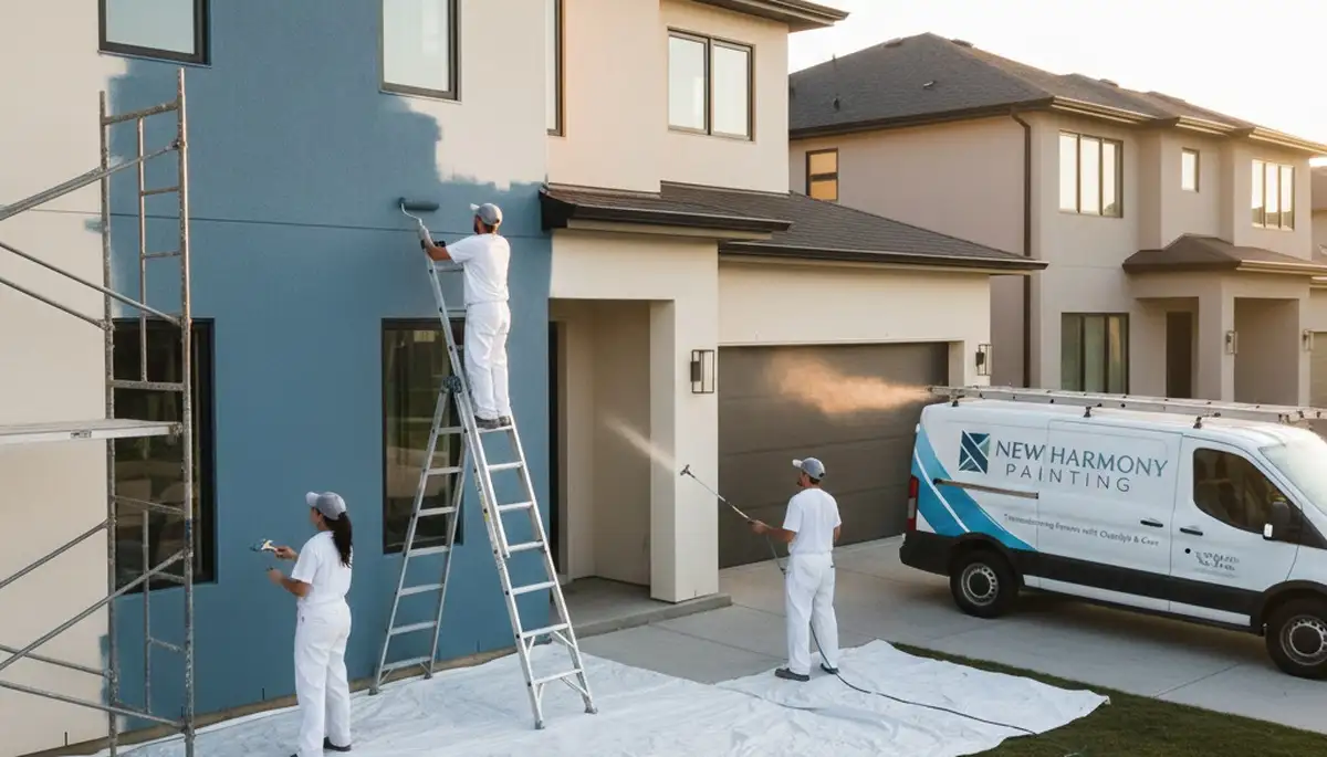 Professional house painters working on exterior home repaint in Evansville, IN