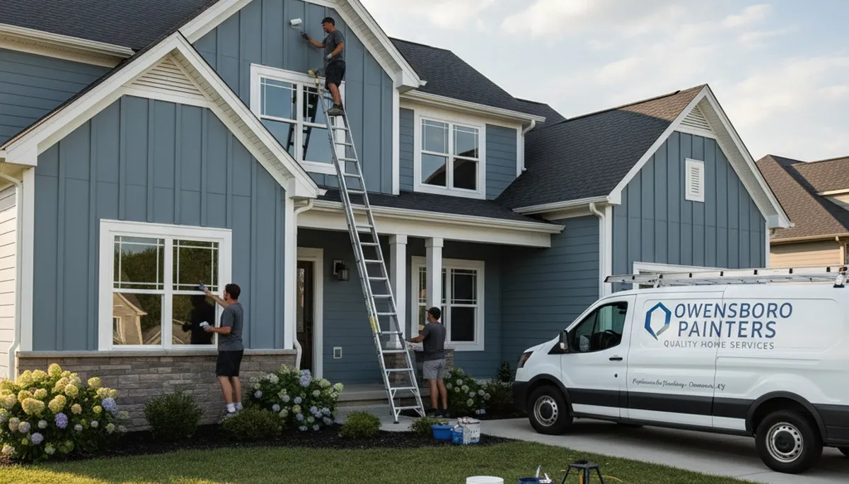 Professional house painters finishing exterior home paint project in Evansville, IN