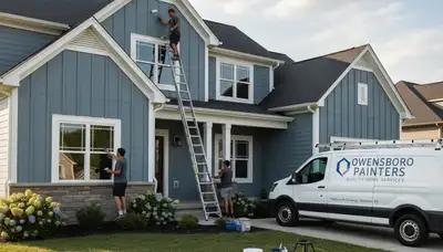 Professional house painters finishing exterior home paint project in Evansville, IN