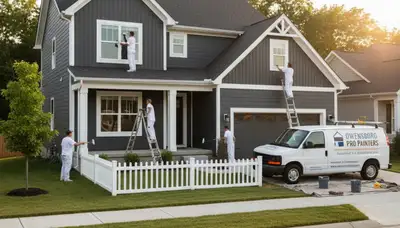 Professional house painters working on residential exterior in Evansville, IN