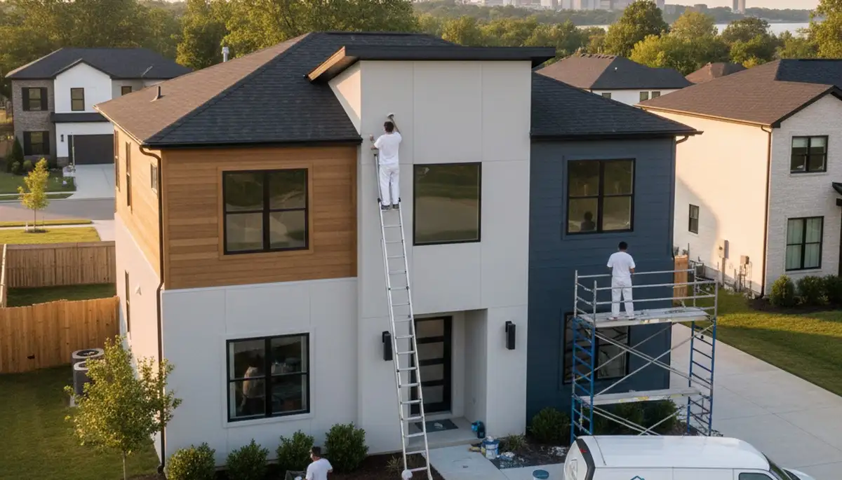 Professional house painters in Evansville IN applying exterior paint to a residential home