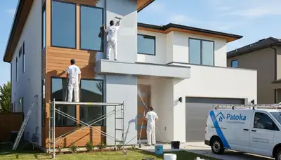 Professional house painters in Evansville IN applying exterior paint for a residential home project