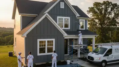 Professional house painter in Evansville IN applying exterior paint to a residential home