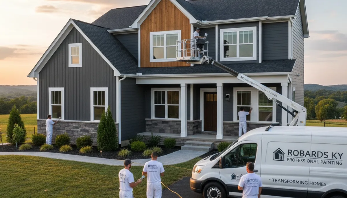 Professional exterior house painters working on residential home in Evansville, IN