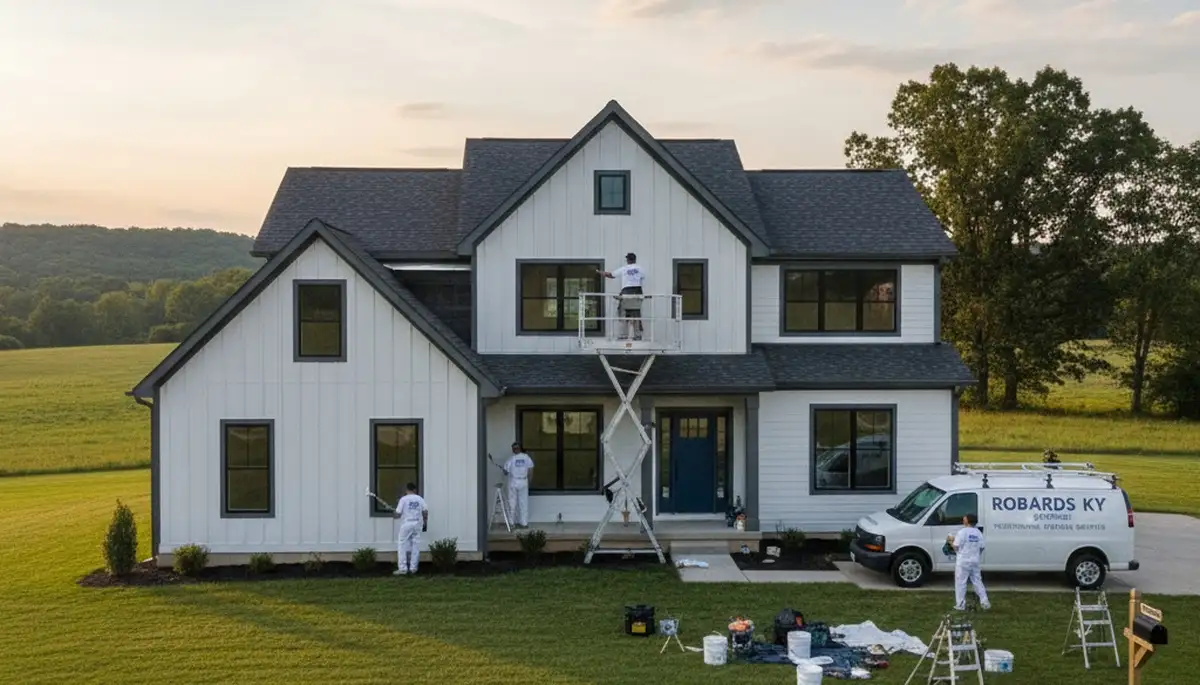 Professional house painters working on residential exterior in Evansville IN