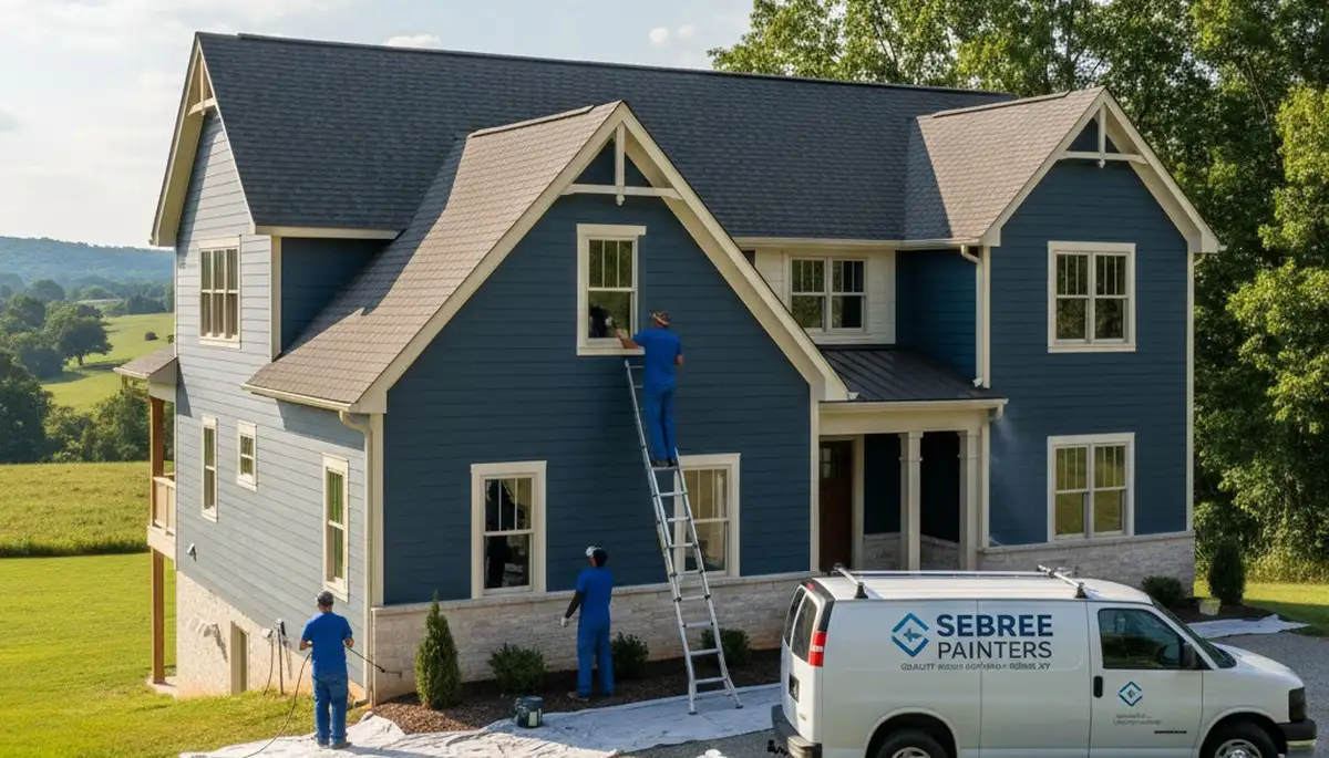 Professional house painters working on exterior home in Evansville, IN