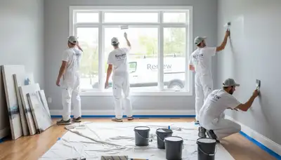 Professional interior house painters working in Evansville IN living room with fresh wall colors