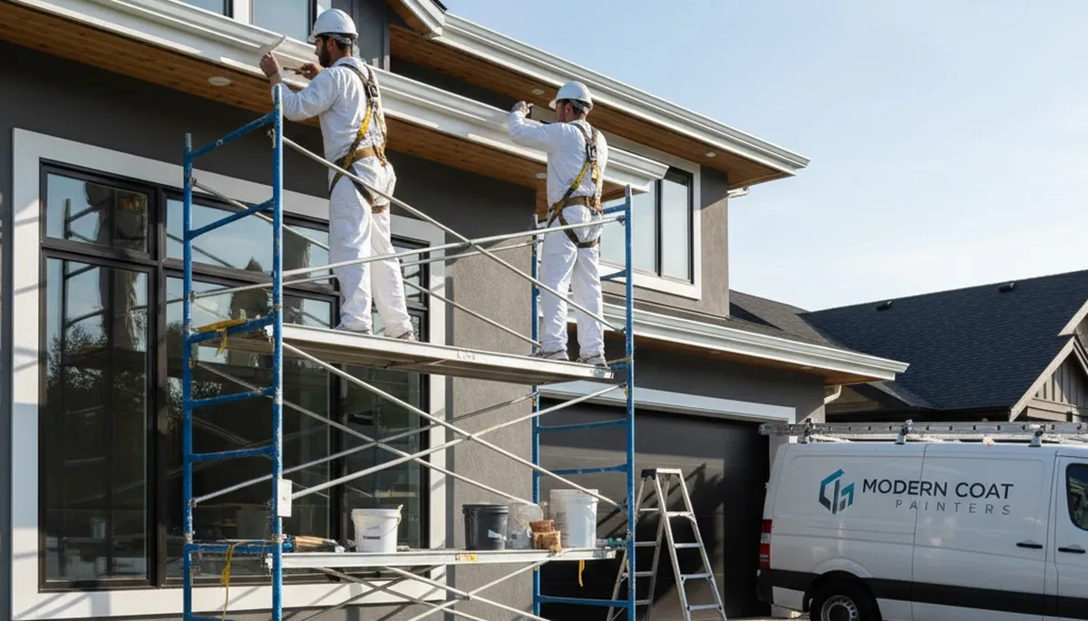 Professional trim and fascia painting on a home exterior in Evansville, IN by expert house painters