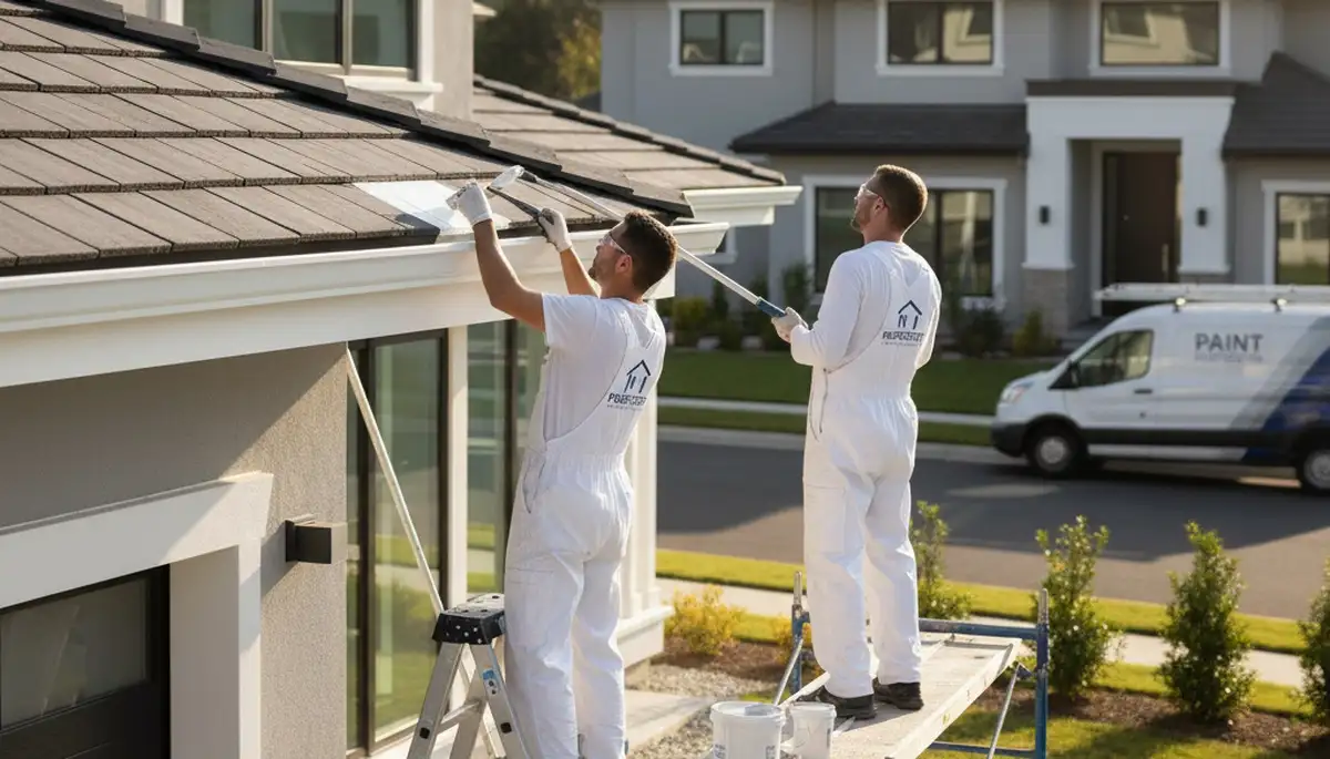 Professional trim and fascia painting on a home exterior in Evansville, IN by expert painters