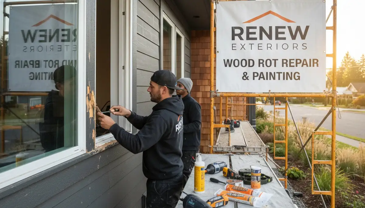 Painter repairing exterior wood rot damage on Evansville IN home before repainting and restoration